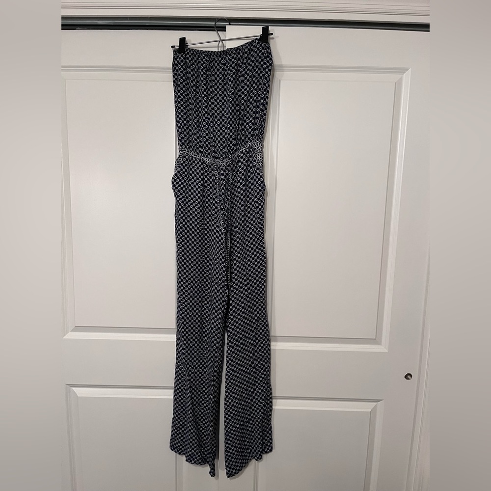 Wide leg jumpsuit tall length tie waist navy white print
